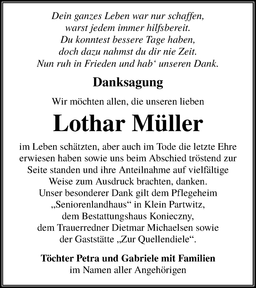  Traueranzeige für Lothar Müller vom 06.01.2024 aus Lausitzer Rundschau