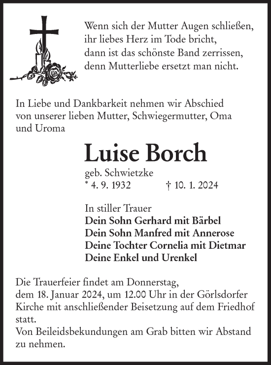 Traueranzeige von Luise Borch von Lausitzer Rundschau