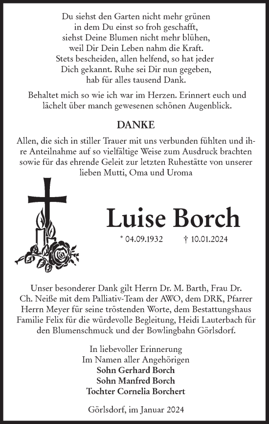 Traueranzeige von Luise Borch Borch von Lausitzer Rundschau