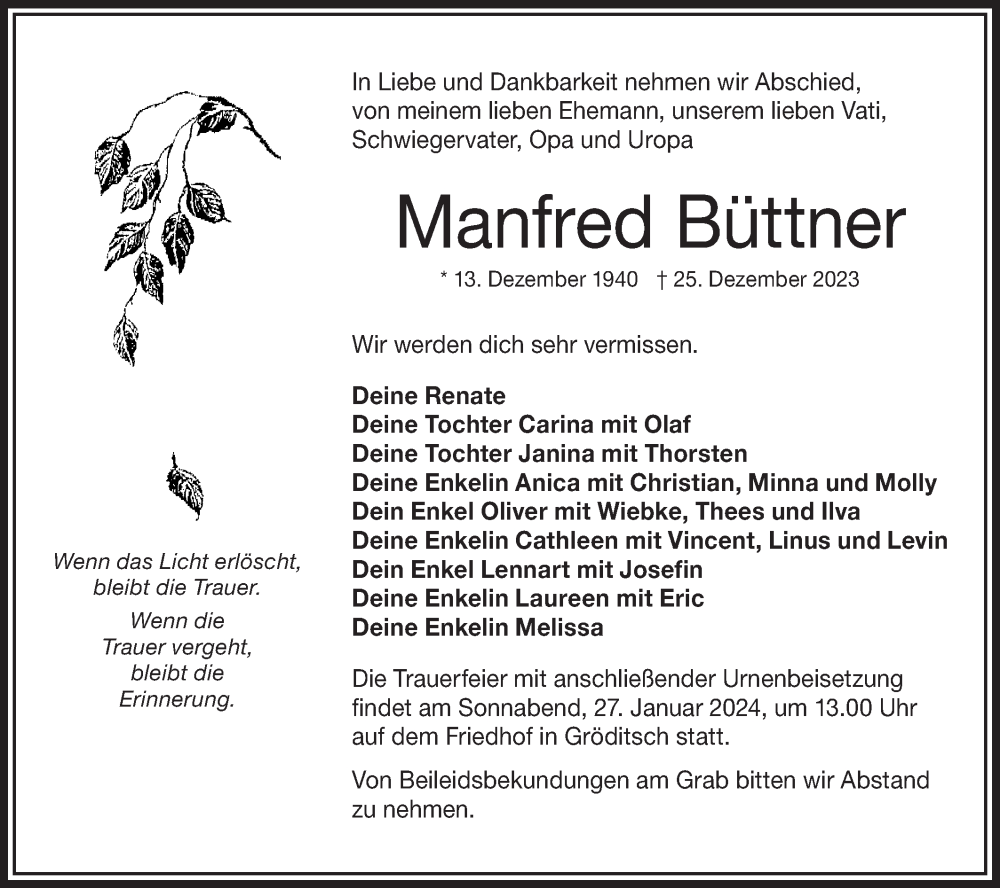  Traueranzeige für Manfred Büttner vom 06.01.2024 aus Lausitzer Rundschau
