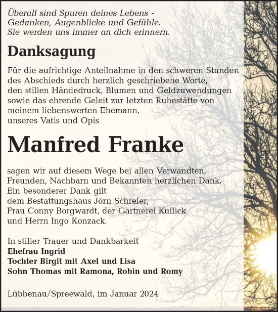 Traueranzeige von Manfred Franke von Lausitzer Rundschau