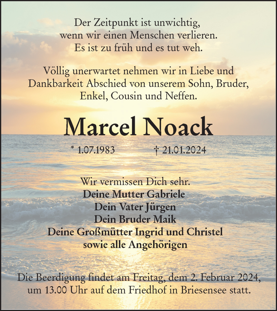 Traueranzeige für Marcel Noack vom 27.01.2024 aus Lausitzer Rundschau
