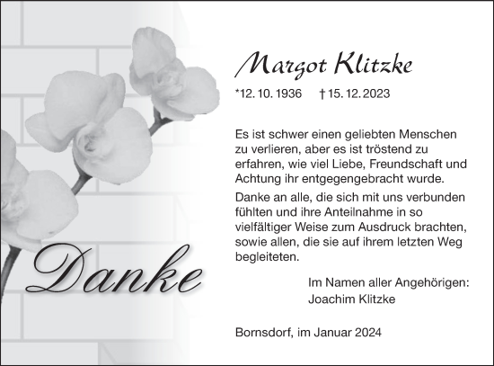 Traueranzeige von Margot Klitzke von Lausitzer Rundschau