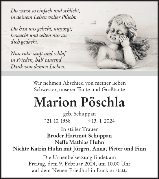 Traueranzeige von Marion Pöschla von Lausitzer Rundschau