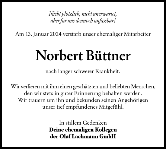 Traueranzeige von Norbert Büttner von Lausitzer Rundschau