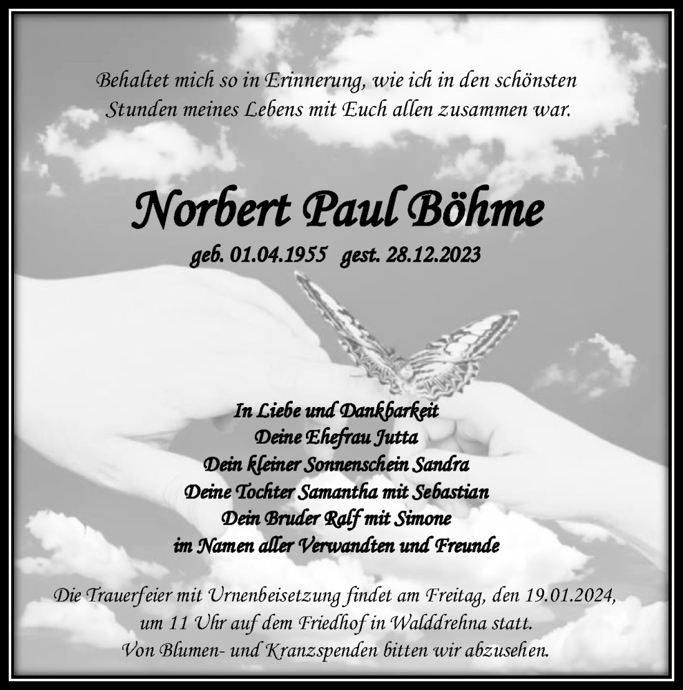  Traueranzeige für Norbert Paul Böhme vom 06.01.2024 aus Lausitzer Rundschau