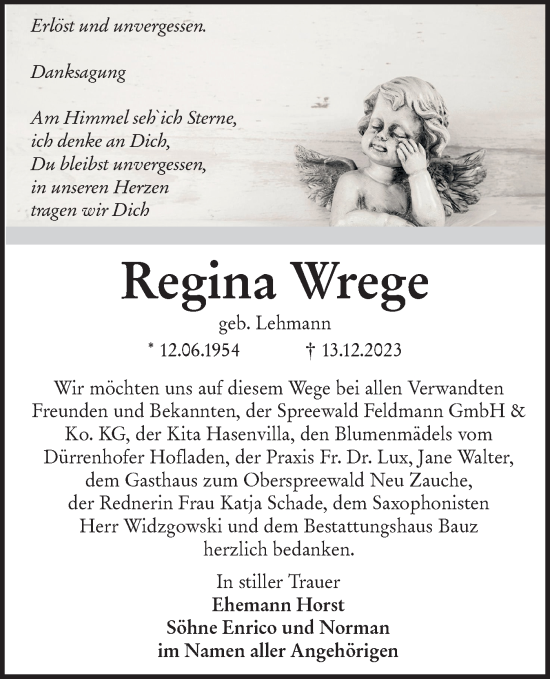 Traueranzeige von Regina Wrege von Lausitzer Rundschau