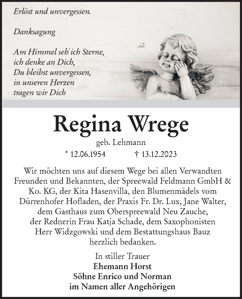  Traueranzeige für Regina Wrege vom 27.01.2024 aus Lausitzer Rundschau
