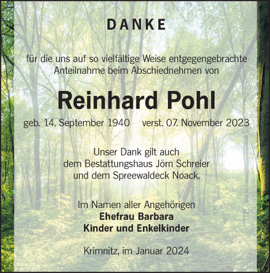 Traueranzeige von Reinhard Pohl von Lausitzer Rundschau
