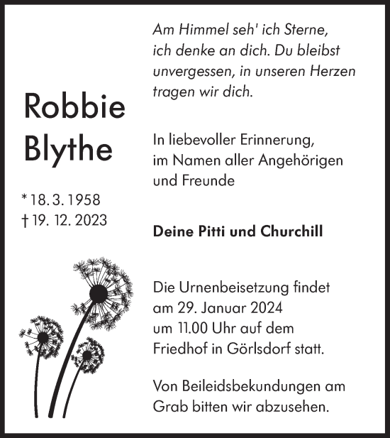 Traueranzeige von Robbie Blythe von Lausitzer Rundschau