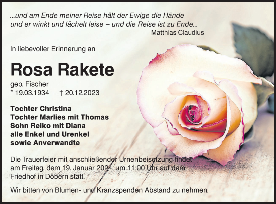 Traueranzeige von Rosa Rakete von Lausitzer Rundschau