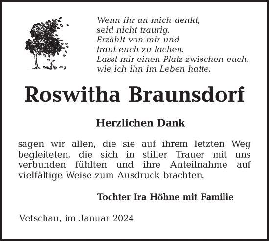 Traueranzeige von Roswitha Braunsdorf von Lausitzer Rundschau