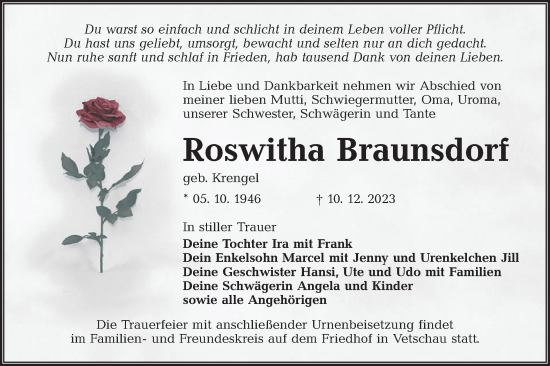 Traueranzeige von Roswitha Braunsdorf von Lausitzer Rundschau