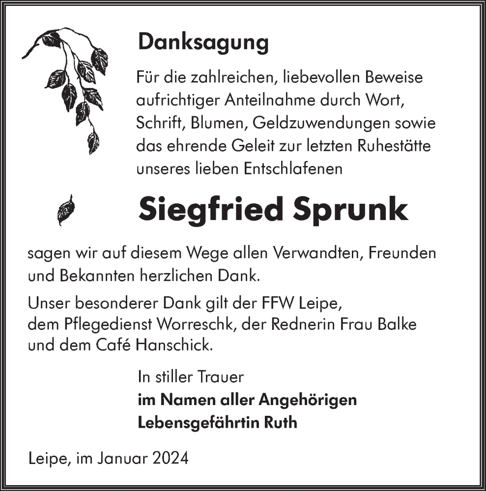  Traueranzeige für Siegfried  Sprunk vom 20.01.2024 aus Lausitzer Rundschau