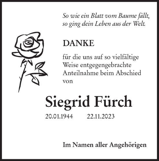 Traueranzeige von Siegrid Fürch von Lausitzer Rundschau