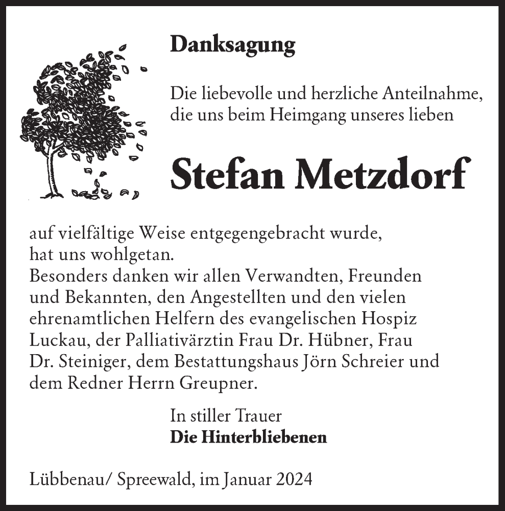  Traueranzeige für Stefan Metzdorf vom 27.01.2024 aus Lausitzer Rundschau