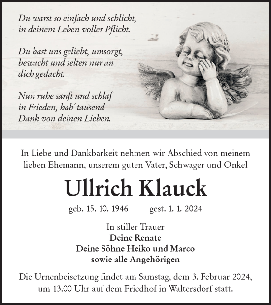 Traueranzeige von Ullrich Klauck von Lausitzer Rundschau