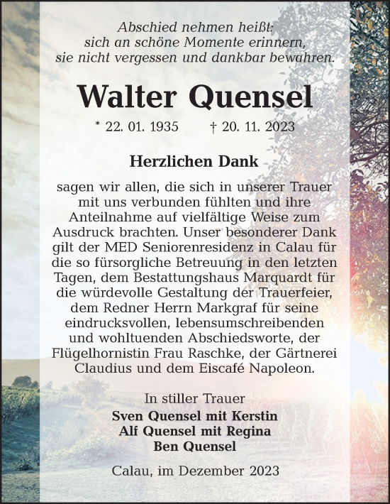 Traueranzeige von Walter Quensel von Lausitzer Rundschau
