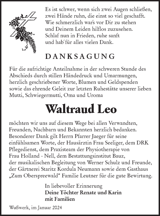 Traueranzeige von Waltraud Leo von Lausitzer Rundschau