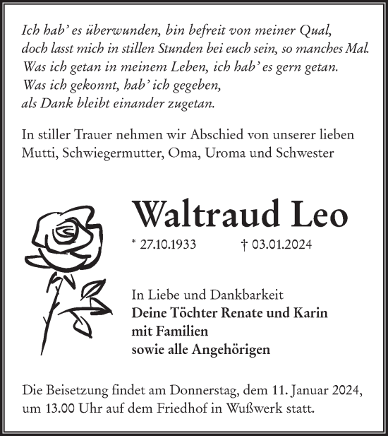 Traueranzeige von Waltraud Leo von Lausitzer Rundschau