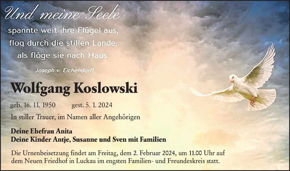  Traueranzeige für Wolfgang Koslowski vom 13.01.2024 aus Lausitzer Rundschau