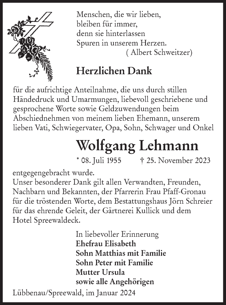  Traueranzeige für Wolfgang Lehmann vom 06.01.2024 aus Lausitzer Rundschau