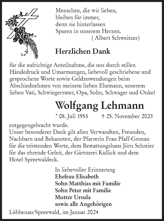 Traueranzeige von Wolfgang Lehmann von Lausitzer Rundschau