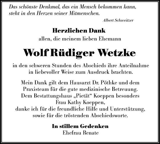 Traueranzeige von Wolf Rüdiger Wetzke von Lausitzer Rundschau