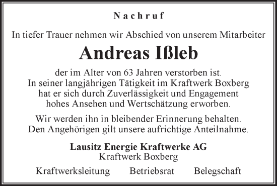 Traueranzeige von Andreas Ißleb von Lausitzer Rundschau