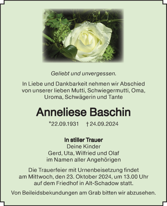 Traueranzeige von Anneliese Baschin von Lausitzer Rundschau