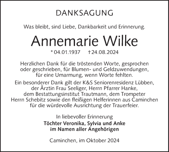 Traueranzeige von Annemarie Wilke von Lausitzer Rundschau