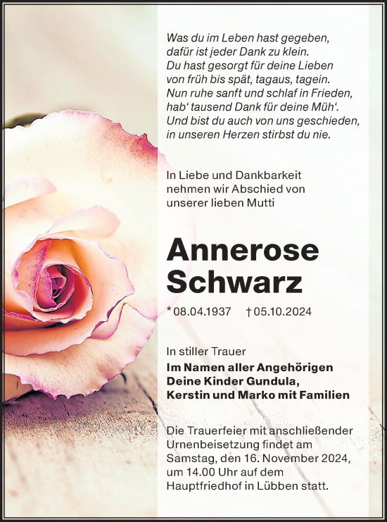 Traueranzeige von Annerose Schwarz von Lausitzer Rundschau