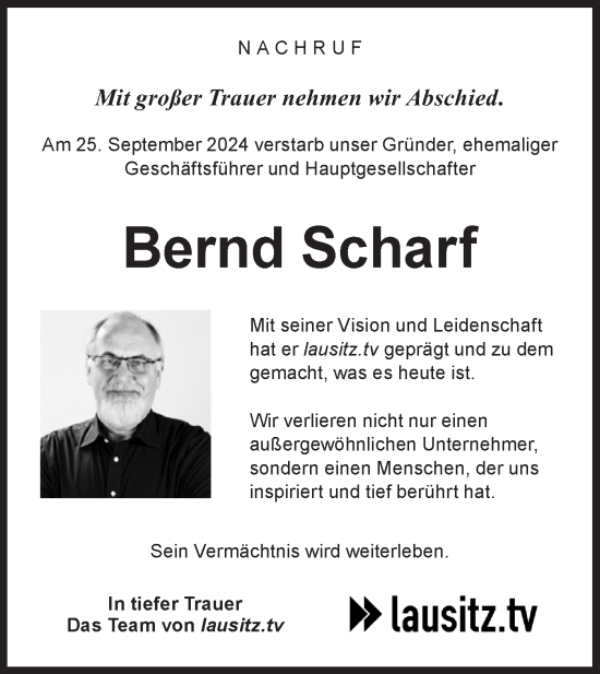 Traueranzeige von Bernd Scharf von Lausitzer Rundschau