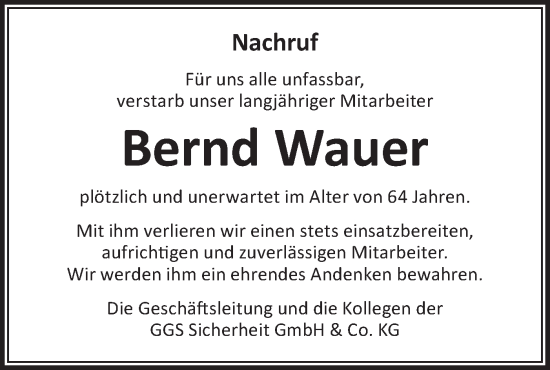 Traueranzeige von Bernd Wauer von Lausitzer Rundschau