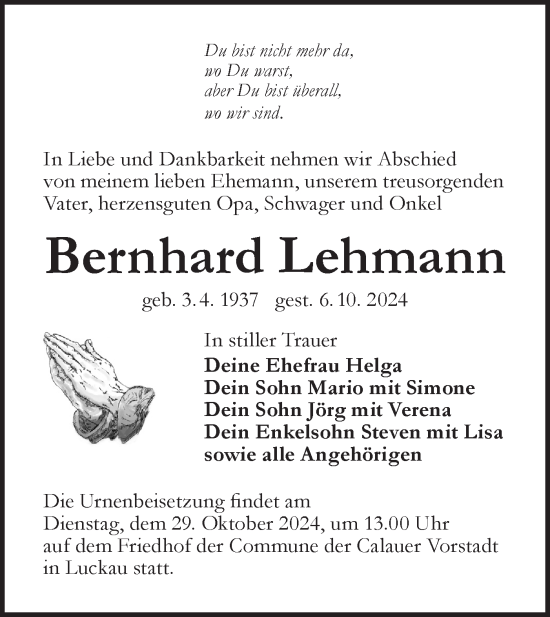 Traueranzeige von Bernhard Lehmann von Lausitzer Rundschau