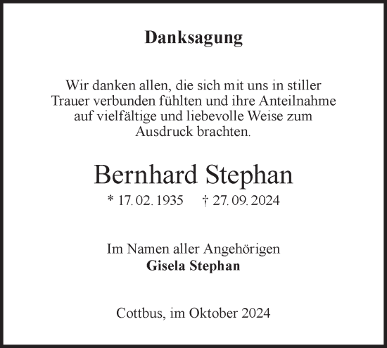 Traueranzeige von Bernhard Stephan von Lausitzer Rundschau