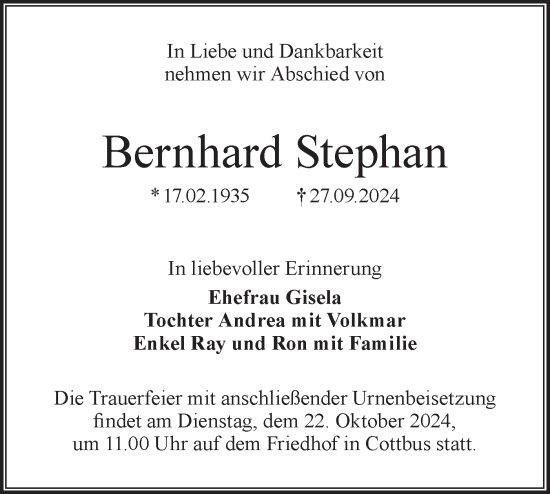 Traueranzeige von Bernhard Stephan von Lausitzer Rundschau