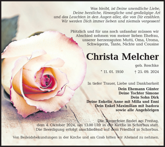 Traueranzeige von Christa Melcher von Lausitzer Rundschau