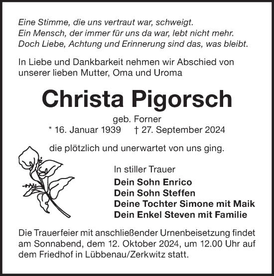 Traueranzeige von Christa Pigorsch von Lausitzer Rundschau