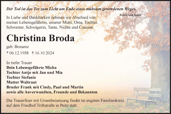 Traueranzeige von Christina Broda von Lausitzer Rundschau