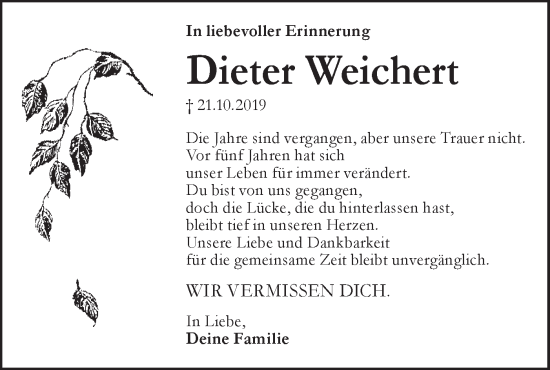 Traueranzeige von Dieter Weichert von Lausitzer Rundschau