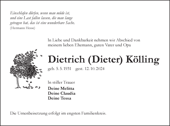 Traueranzeige von Dietrich Kölling von Lausitzer Rundschau