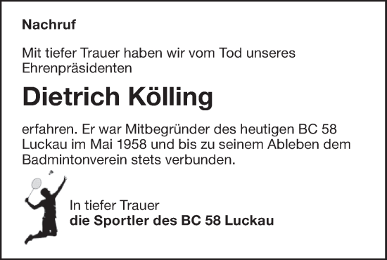 Traueranzeige von Dietrich Kölling von Lausitzer Rundschau