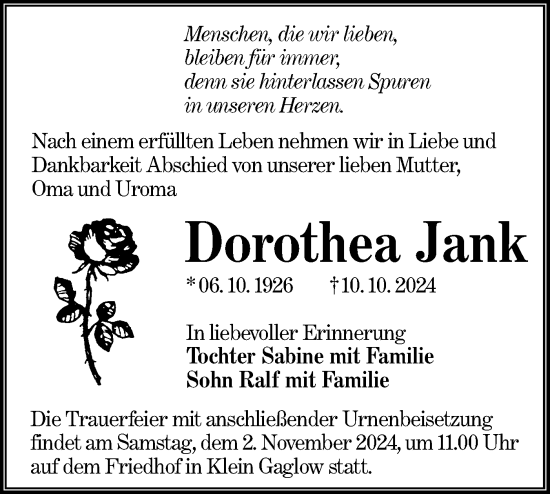 Traueranzeige von Dorothea Jank von Lausitzer Rundschau