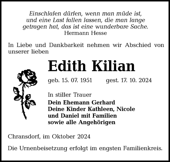 Traueranzeige von Edith Kilian von Lausitzer Rundschau