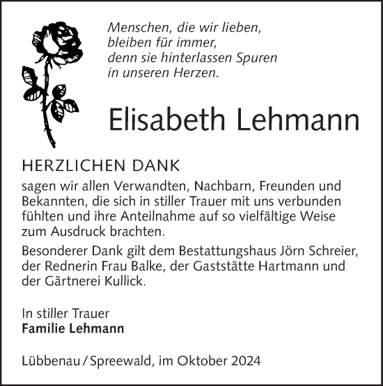 Traueranzeige von Elisabeth Lehmann von Lausitzer Rundschau