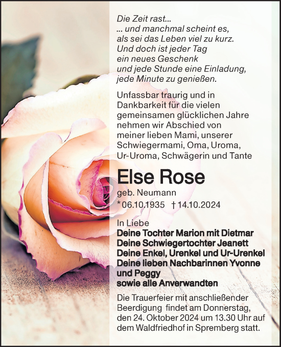 Traueranzeige von Else Rose von Lausitzer Rundschau