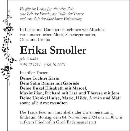 Traueranzeige von Erika Smoller von Lausitzer Rundschau