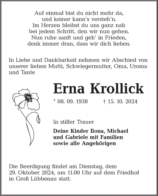 Traueranzeige von Erna Krollick von Lausitzer Rundschau