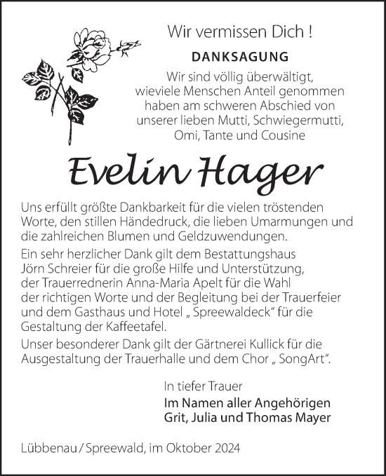 Traueranzeige von Evelin Hager von Lausitzer Rundschau